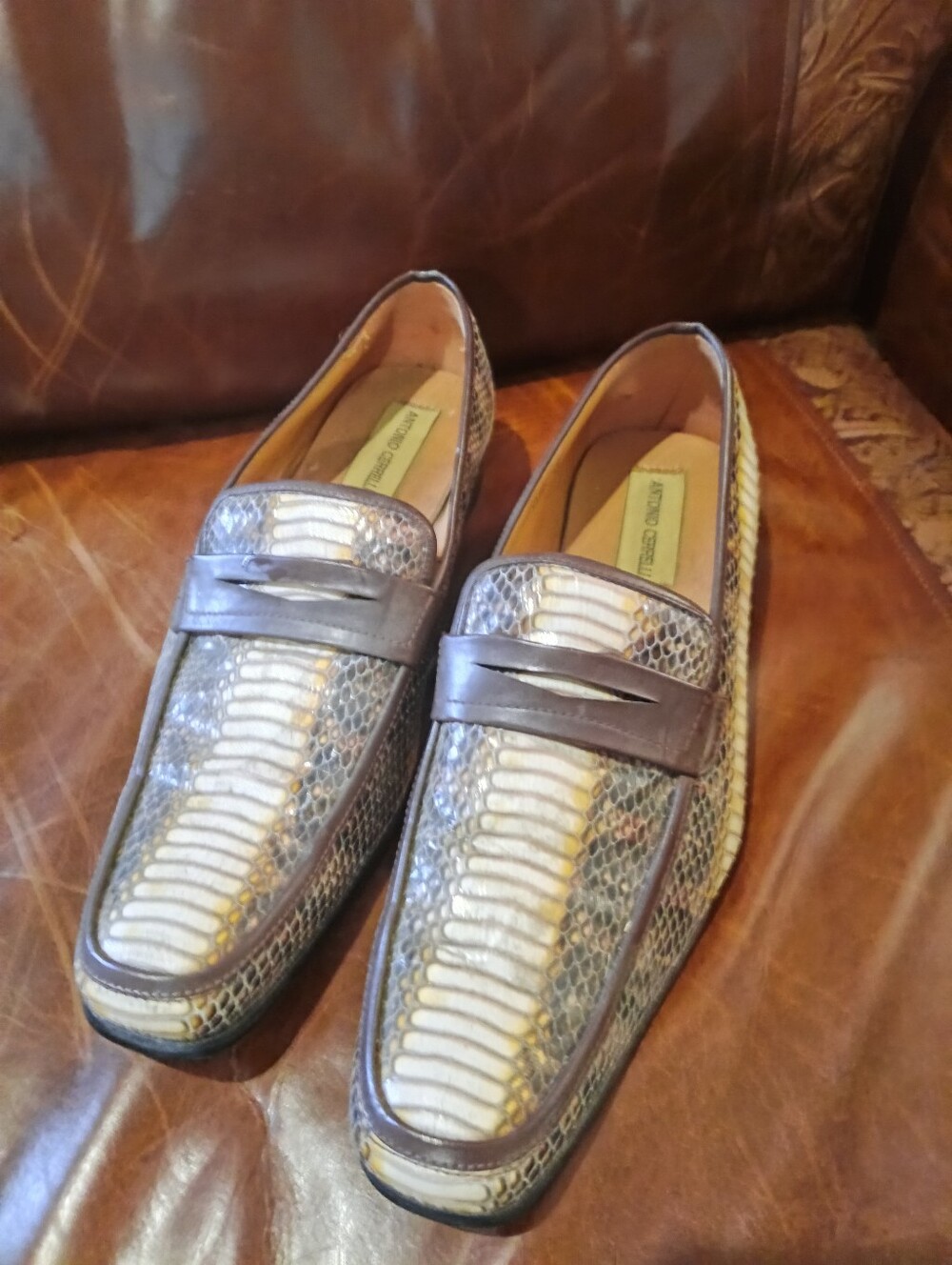 Men's Brown Snakeskin-Pattern Slip-On Loafers